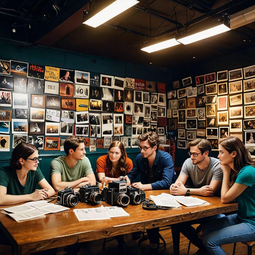 A bustling indie film set, showcasing diverse filmmakers passionately discussing ideas, surrounded by vintage cameras and colorful scripts. In the background, an inspiring mural depicting iconic indie films adds depth. Soft lighting creates an intimate atmosphere, reflecting creativity and collaboration. The scene captures the essence of indie filmmaking with a sense of community and authenticity. super-realistic. vibrant colors. 3D.