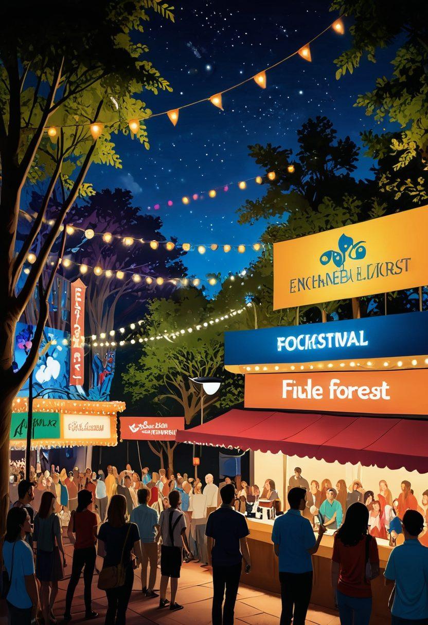 A vibrant film festival scene featuring an eclectic mix of independent filmmakers showcasing their work. Include diverse individuals discussing ideas with animated expressions, colorful banners promoting their films, and a backdrop of an iconic cinema. Subtle hints of fables like whimsical characters and enchanted forest elements can be interwoven. The atmosphere is dynamic and creative, capturing the passion of independent movie-making. super-realistic. vibrant colors. lively atmosphere.